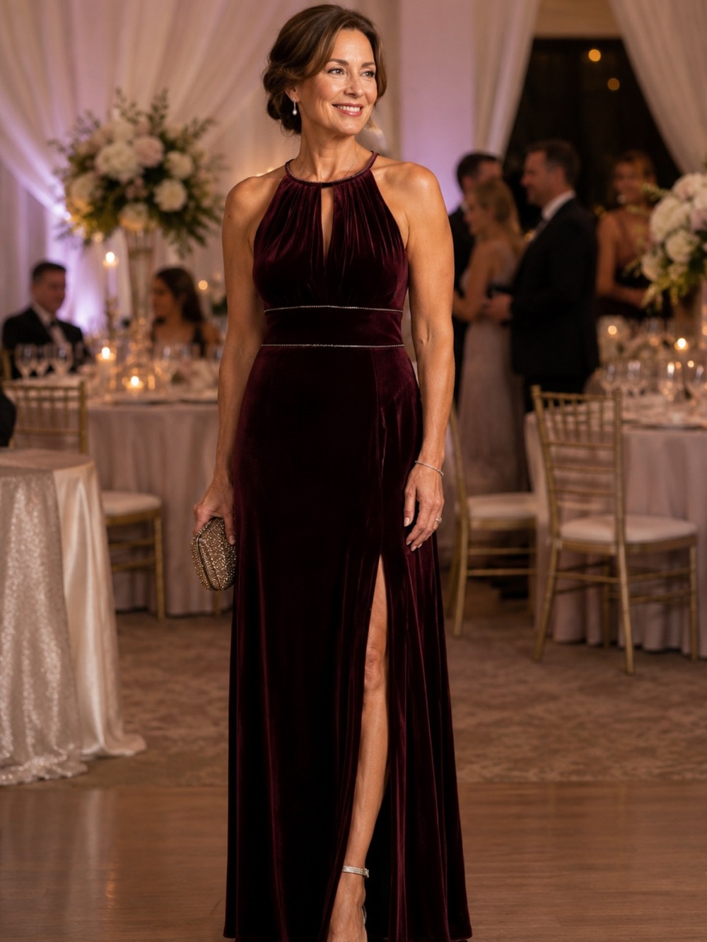 Oleg Cassini Elegant Burgundy Velvet Halter Evening Gown